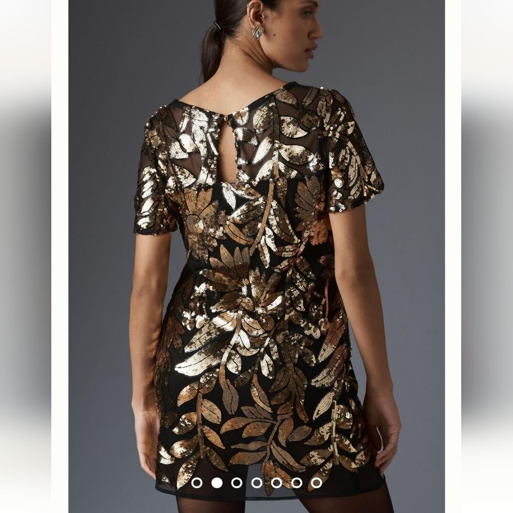 Maeve Anthropologie Short Sleeve Sheer Embellished Mini Dress Black Gold Size SP - Picture 5 of 15